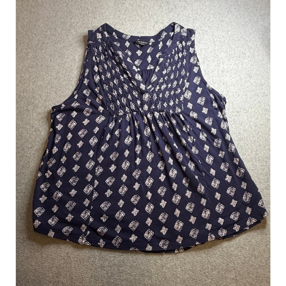 Lucky Brand Womens Navy Blue White Diamond Print Pintuck Sleeveless Blouse L